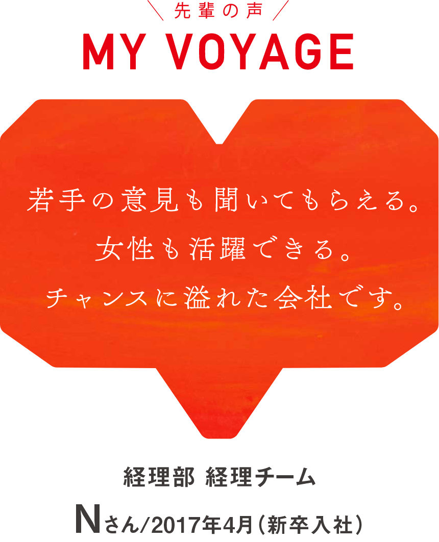 MY VOYAGE 若手の意見も聞いてもらえる。女性も活躍できる。チャンスに溢れた会社です。 中濱 綾乃